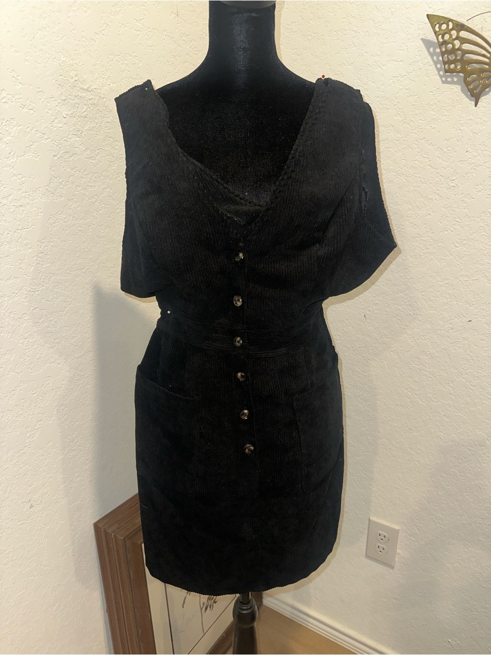 SHEIN Black Corduroy Button-Front Mini Dress